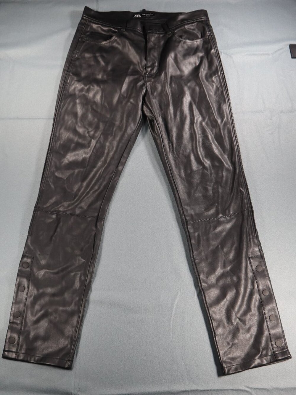 Zara Basic Women Black Faux Leather Pants Size 31 Snap-Button Ankle Closure